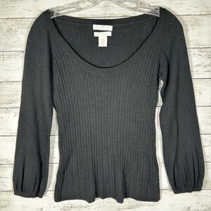 Halston Cashmere 2-Ply Cable Knit Black Bubble Sleeve Sweater M NWT $228